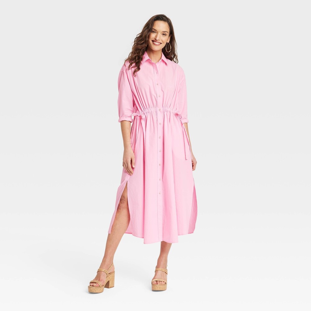 Long Sleeve Cinch Waist Maxi Shirtdress - Pink XS